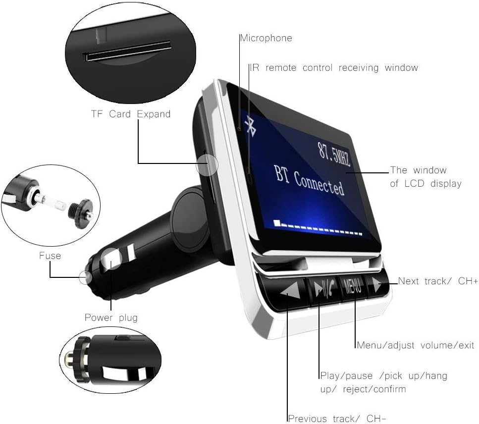 Bluetooth FM Transmitter for Car, Wireless Car Radio Adapter with 1.4" Color Screen for Hands Free Calls Support USB Charger Siri Google Assistant Aux
