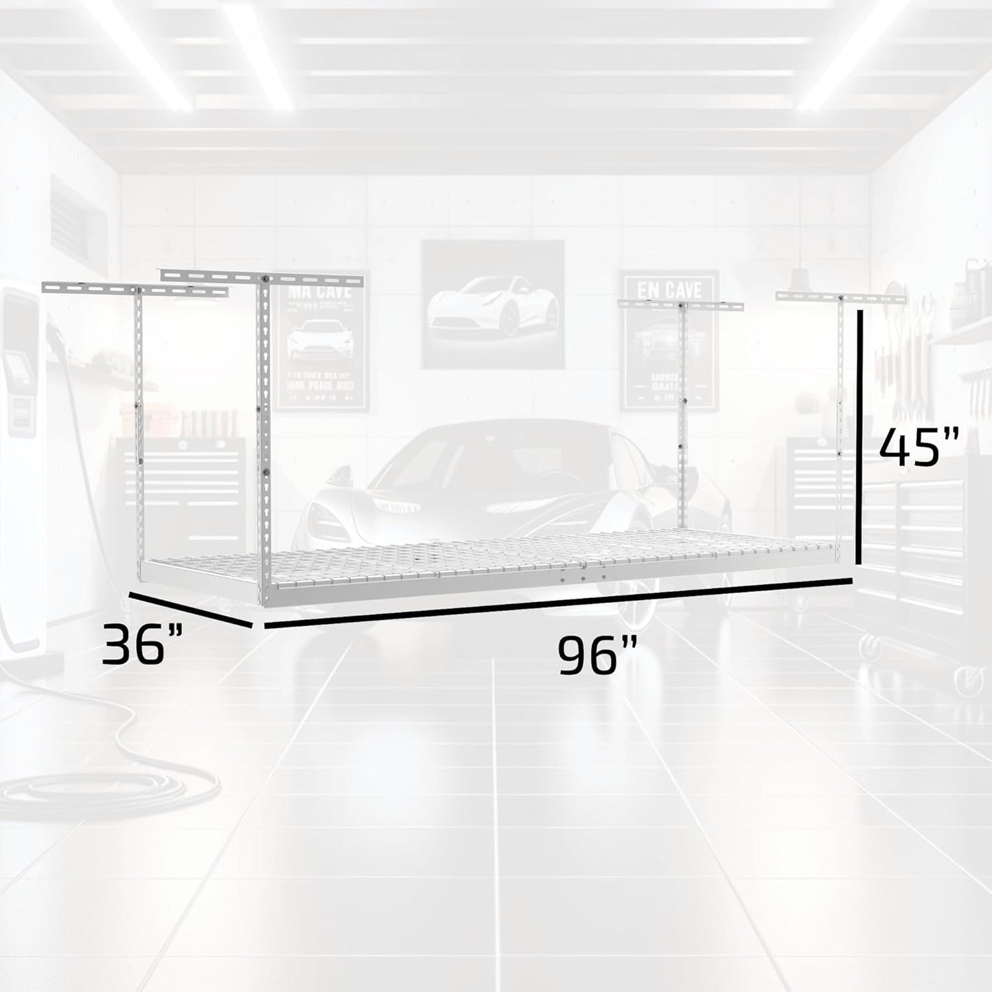 MonsterRax Overhead Garage Storage Racks 3x8’ Ceiling Mounted Shelving, Adjustable Hanging Organizer, Heavy Duty Steel, Holds 500 Pounds, Color: White, Adjustable from 24"-45" off the Ceiling