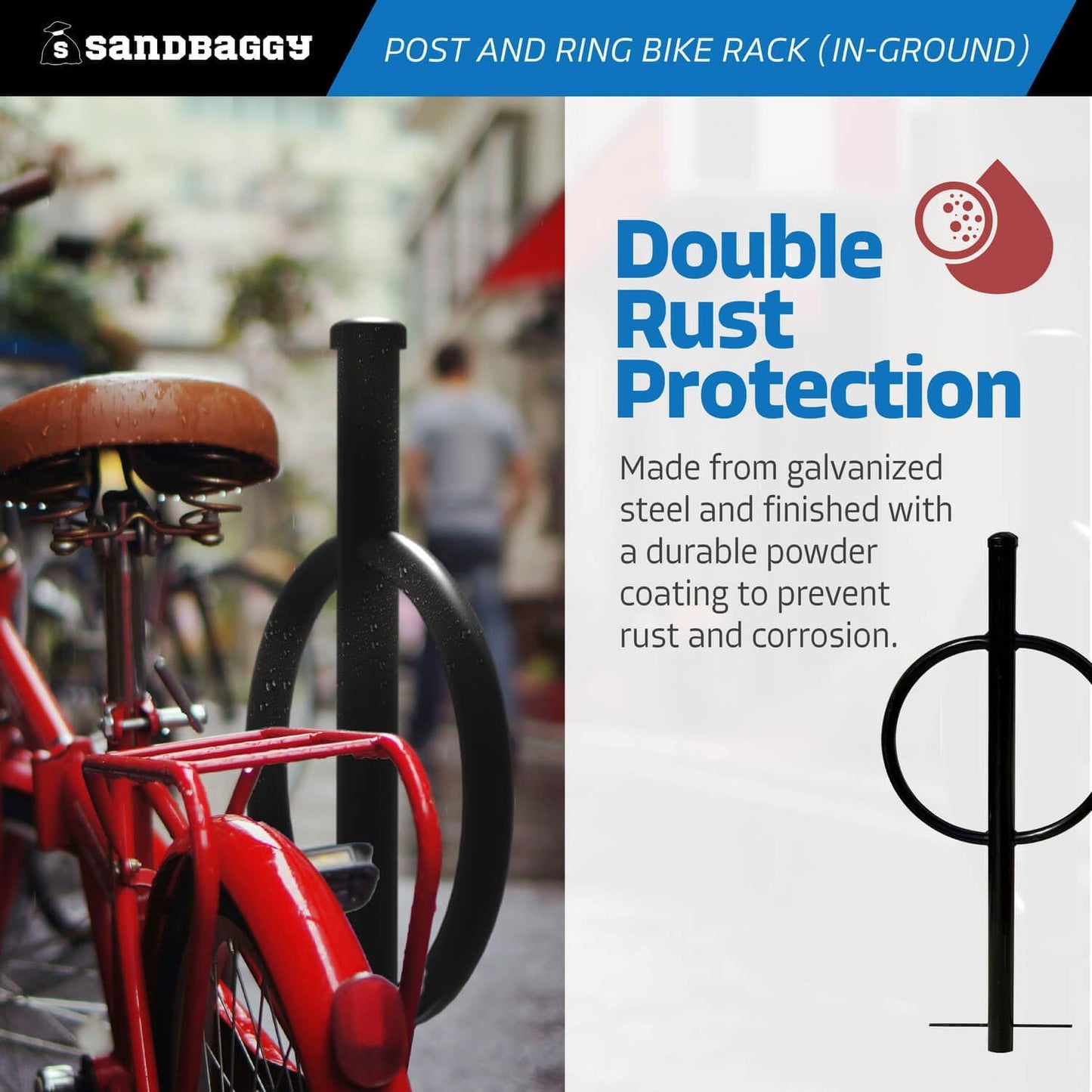 Sandbaggy Post and Ring Rack - In Ground - Commercial Outdoor Bike Parking & Storage Racks (Black, 1)