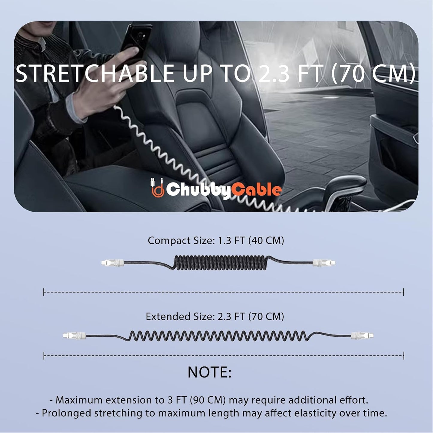 chubbycable Curly Chubby - Retractable Fast Charging Cable 240W Coiled Charger Cord for Car Durable USB-C Cable for Phones, Tablets and More, White, Type-C to Type-C, 1.3FT-2.3FT