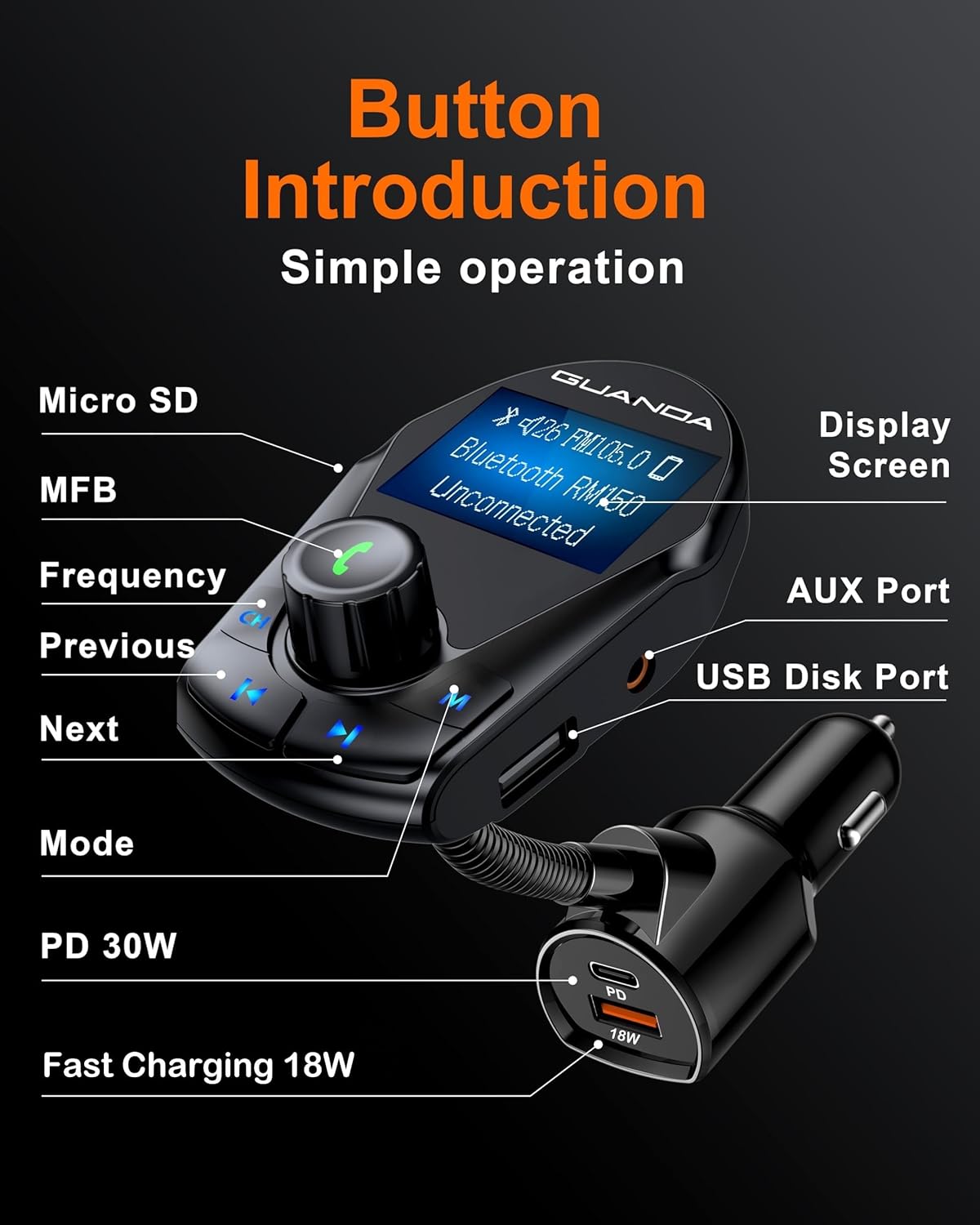 Bluetooth Transmitter Car Bluetooth Adapter, FM Transmitter Wireless Radio Adapter Kit 1.44" Display, MP3 Music Player, PD 30W Dual USB Port Charger Compatible for All Smartphones, Samsung Galaxy, LG