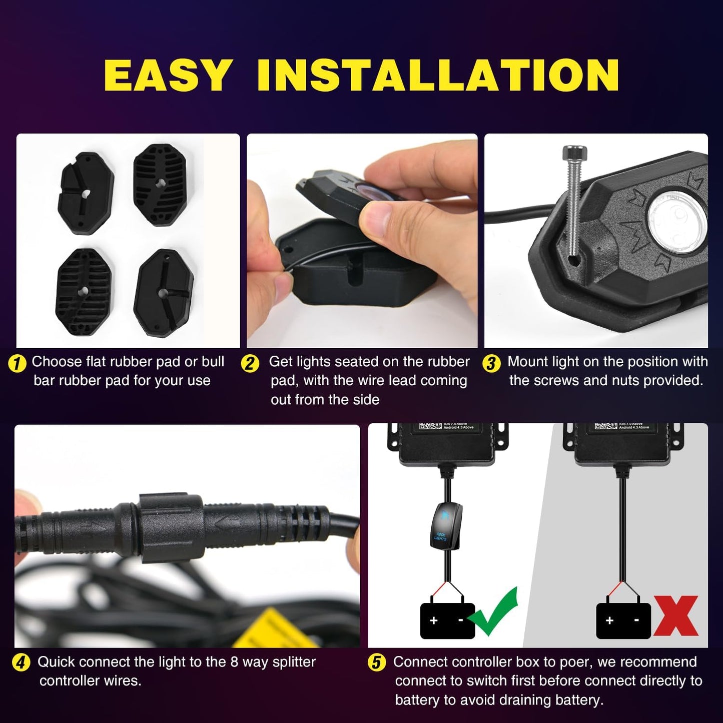 Nilight RGB LED Rock Lights Kit, 6 pods Underglow Multicolor Neon Pod with Bluetooth App Control Flashing Music Mode IP68 Exterior Wheel Well Light for Truck ATV UTV RZR SUV