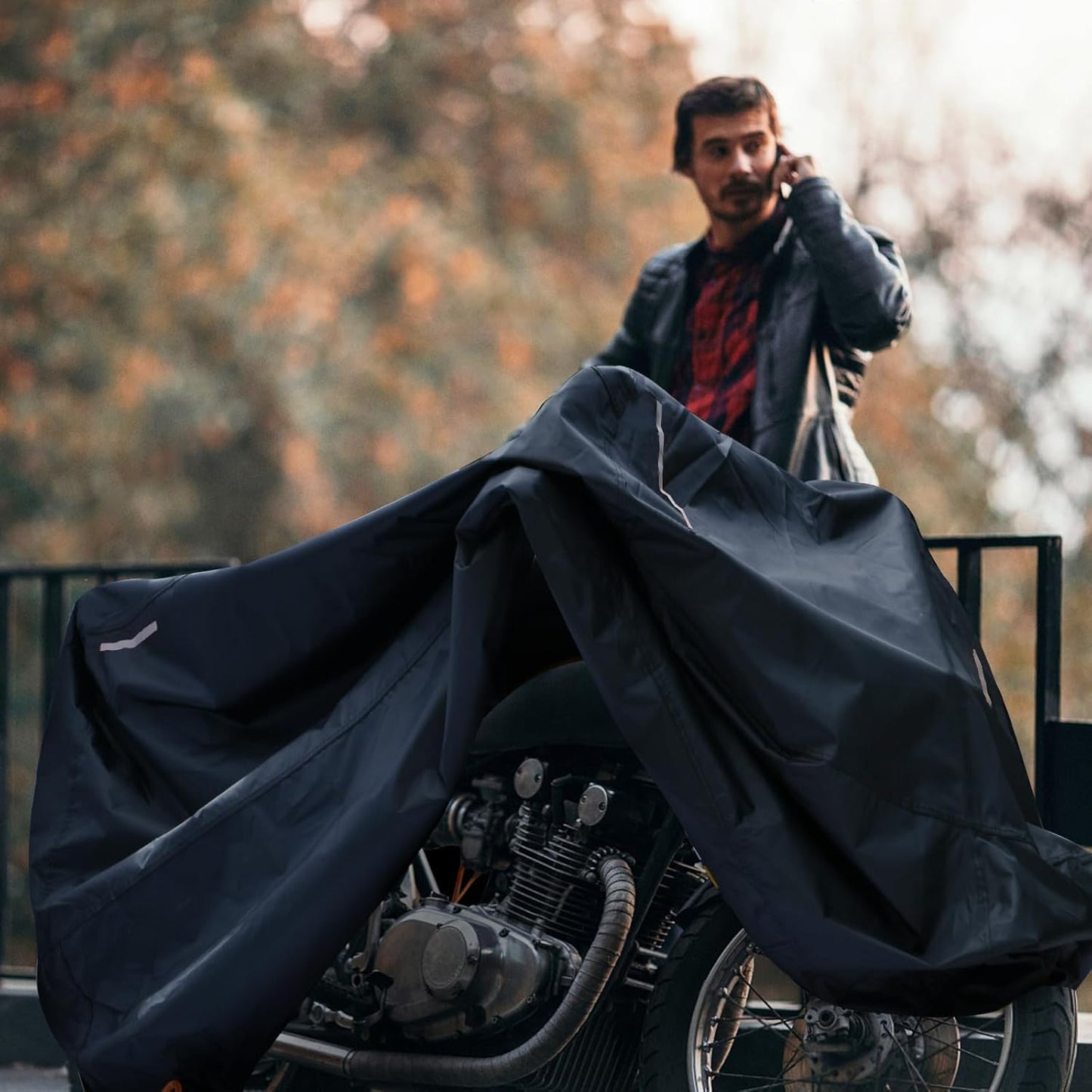 Waterproof Motorcycle Cover Outdoor, Motorbike Scooter Moped Rain Dust Cover with 5 Reflective Strips and 2 Windproof Buckles, 2 Lock-Holes for Cruisers Sportbikes (4XL: 116 x 37 x 55 inch)