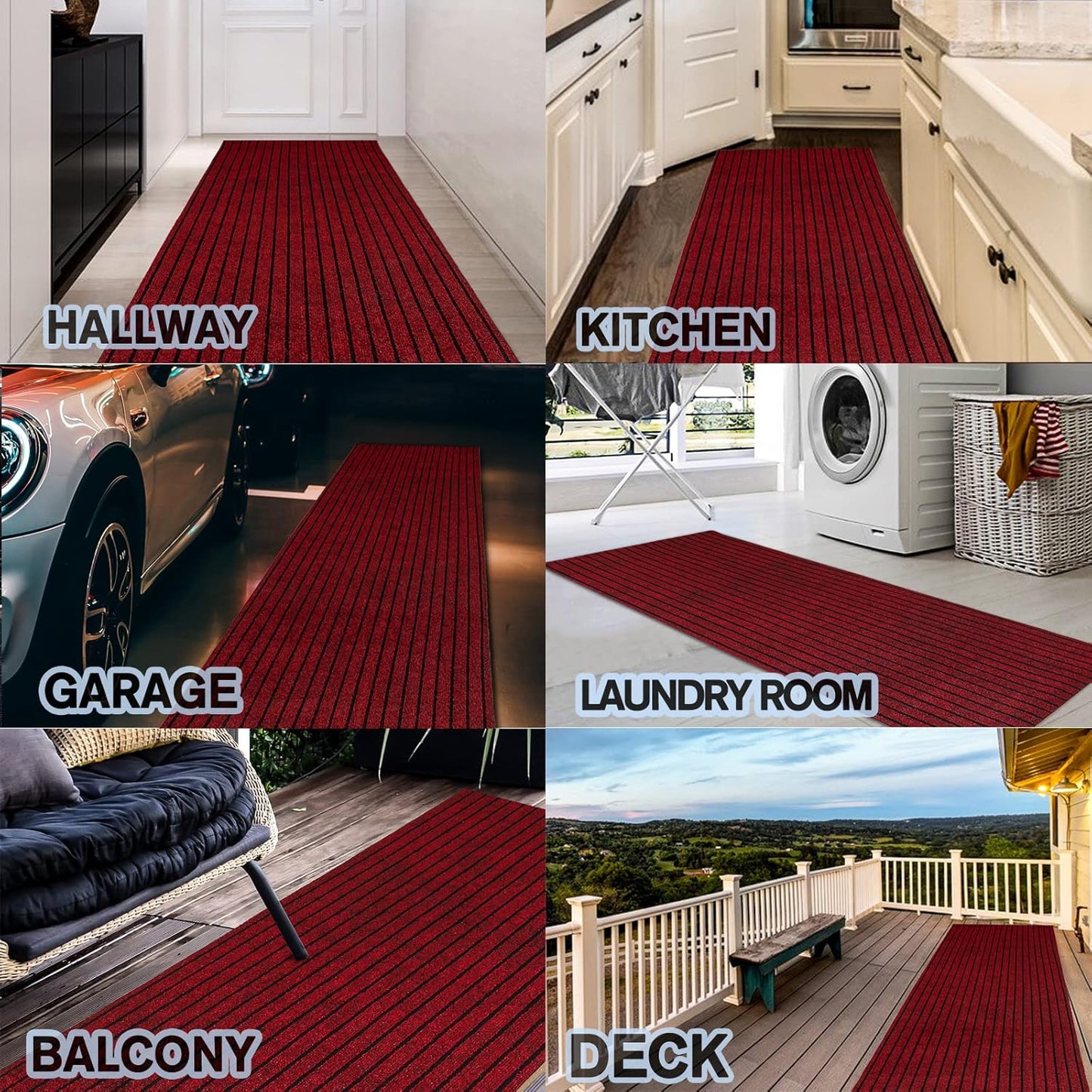 Custom Size Backed Non-Slip Area Rugs Runner, Easy Clean, Waterproof Runner Rugs for Hallway Entryway, Kitchen, Laundry, 3FT x 59FT, Red Stripe