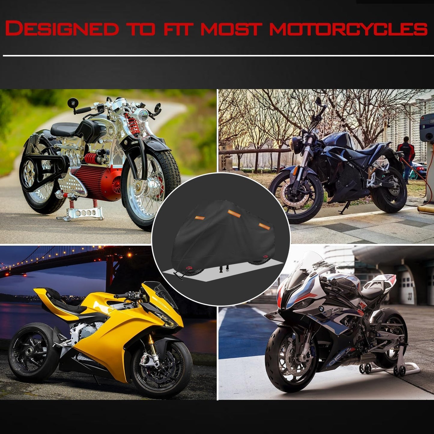 Motorcycle Cover, Heavy Duty 600D Oxford, Waterproof Outdoor, Weather Resistant, Rip-Proof, Anti-UV with 5 Reflective Strips, 2 Lock-Holes, 1 Windproof Strap, 1 Storage Bag (105" x 41" x 50")