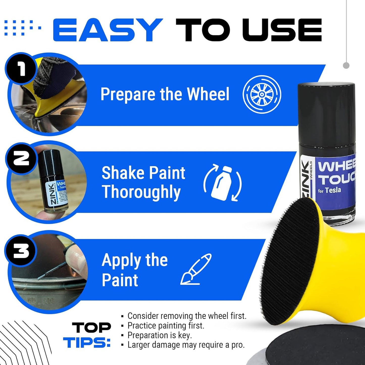 Premium Tesla Wheel Curb Rash Repair Kit for Model Y 19-inch Black Crossflow Rims - DIY Kit with Color-matched Touch Up Paint - Made in USA