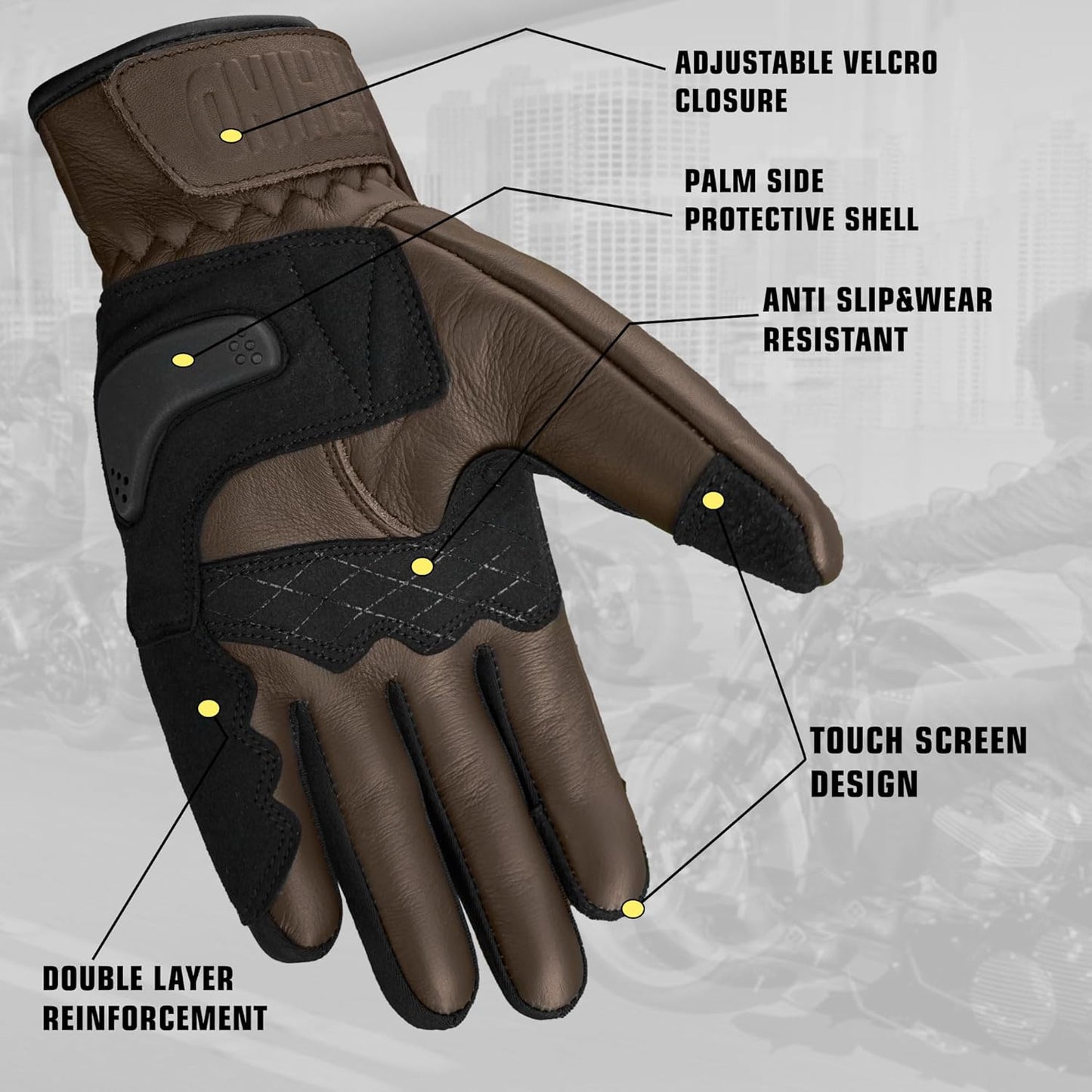 Leather Motorcycle Gloves for Men and Women | Touchscreen | Full Finger | Goatskin Leather Hard Knuckle Motorcycle Riding Gloves (Classic Brown, XX-Large)