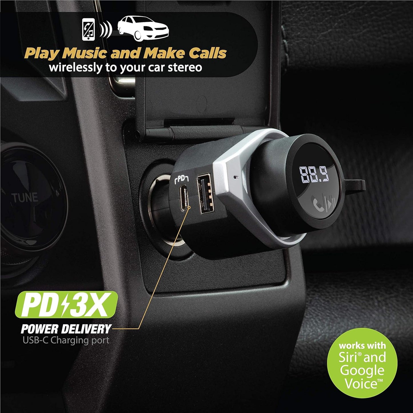 Scosche BTFMPD3SR-SP1 Universal Bluetooth Hands-Free Car Kit with Digital FM Transmitter and 20-Watt USB-C PD + 12W Type-A Charging Ports