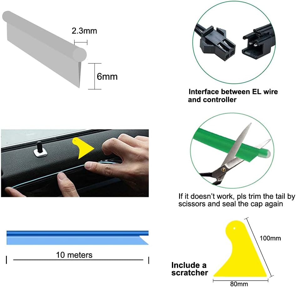 El Wire White Interior Car LED Strip Lights, 10M Neon Wire USB 5V with Fuse Protection for Automotive Interior Decoration, with 6mm Sewing Edge