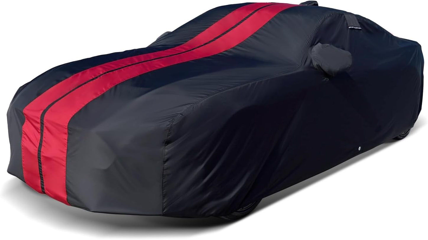 iCarCover Custom Car Cover for Pontiac Grand Am (1985-1991) Waterproof All-Weather Rain Snow UV Sun Protector Full Exterior Indoor Outdoor Car Cover (Stripe - Black/Red)