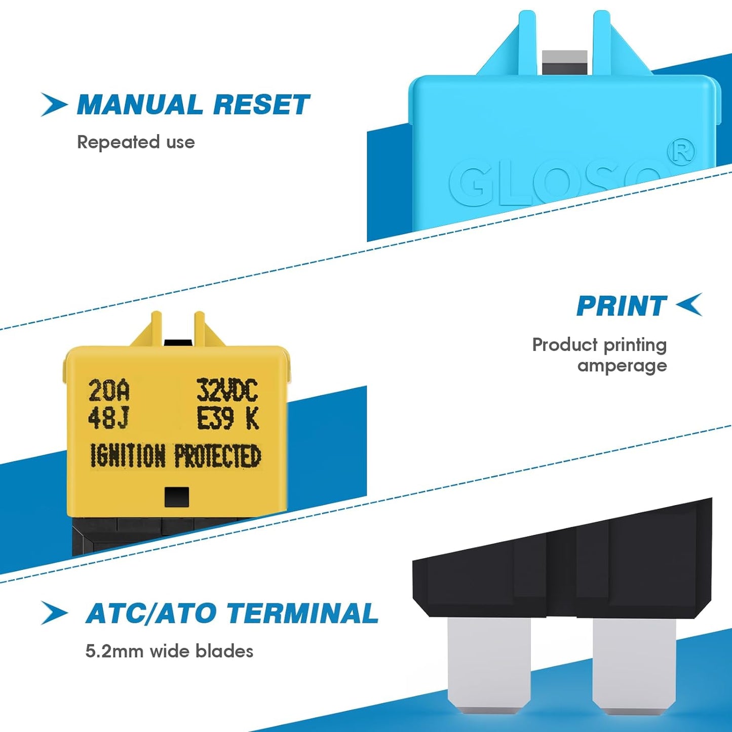 GLOSO Circuit Breaker Fuse E39 (T3) Manual Reset for Car Truck RV Automotive Marine Boat Trolling motor & Custom Wiring Audio battery protection/Low Profile ATC/ATO (15A - 5 Pack)