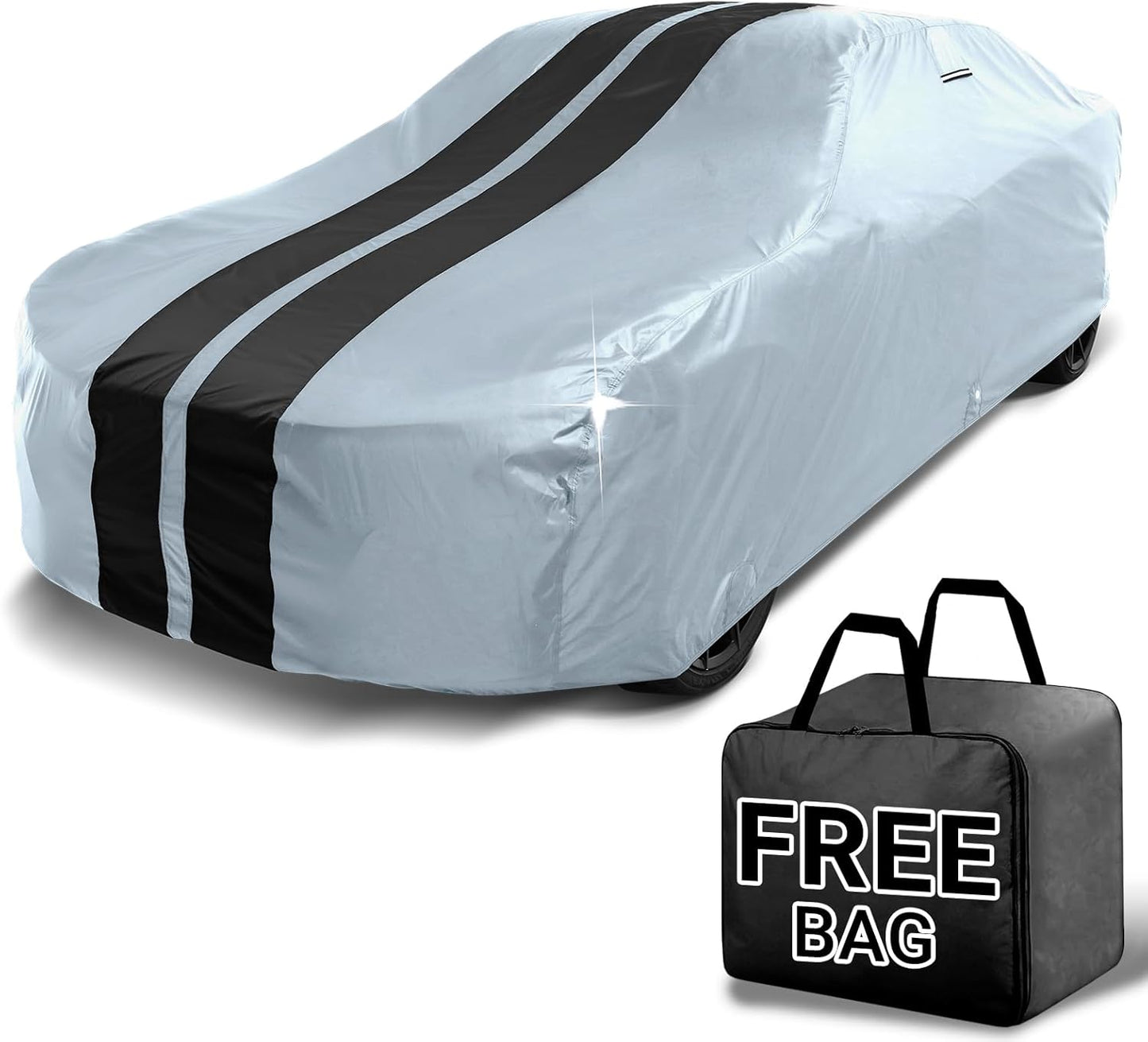 iCarCover Custom Car Cover for Chevy Malibu 4-Door (1973-1977) Waterproof All Weather Rain Snow UV Sun Protector Full Exterior Indoor Outdoor Car Cover (Stripe - Gray/Black)