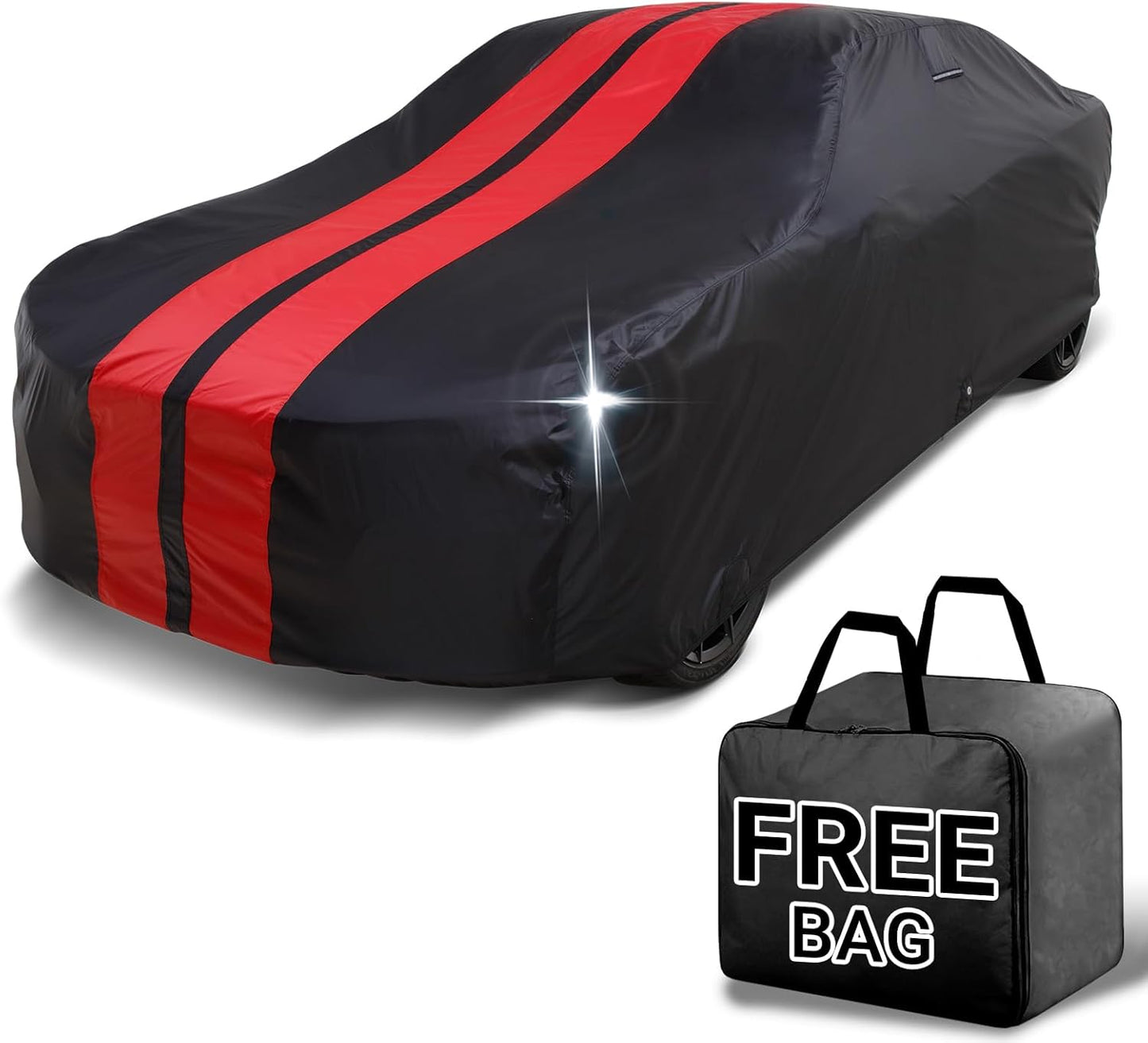 iCarCover Custom Car Cover for Chevy Bel Air 4-Door (1972-1975) Waterproof All Weather Rain Snow UV Sun Protector Full Exterior Indoor Outdoor Car Cover (Stripe - Black/Red)