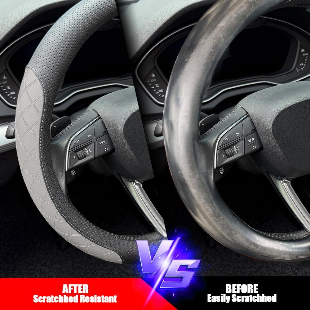 LKWLIKEI Nappa Leather Steering Wheel Cover,Elegant Diamond Checkered Design, Non-Slip wear-Resistant, Enhance Driving Comfort, Suitable for Steering Wheel Diameter 14 1/2‘-15’ Models.Black Gray