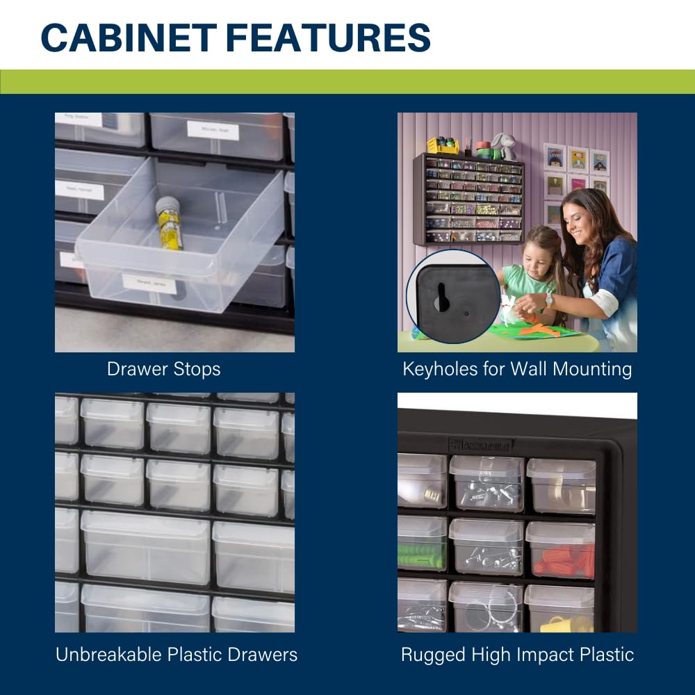 Akro-Mils 44-Drawer Plastic Drawer Storage Cabinet for Garage Organization, Bead Organizer, Building Bricks Storage, Teacher Toolbox, Makeup Organizer, 20-Inch W x 6-Inch D x 16-Inch H, 10144 White