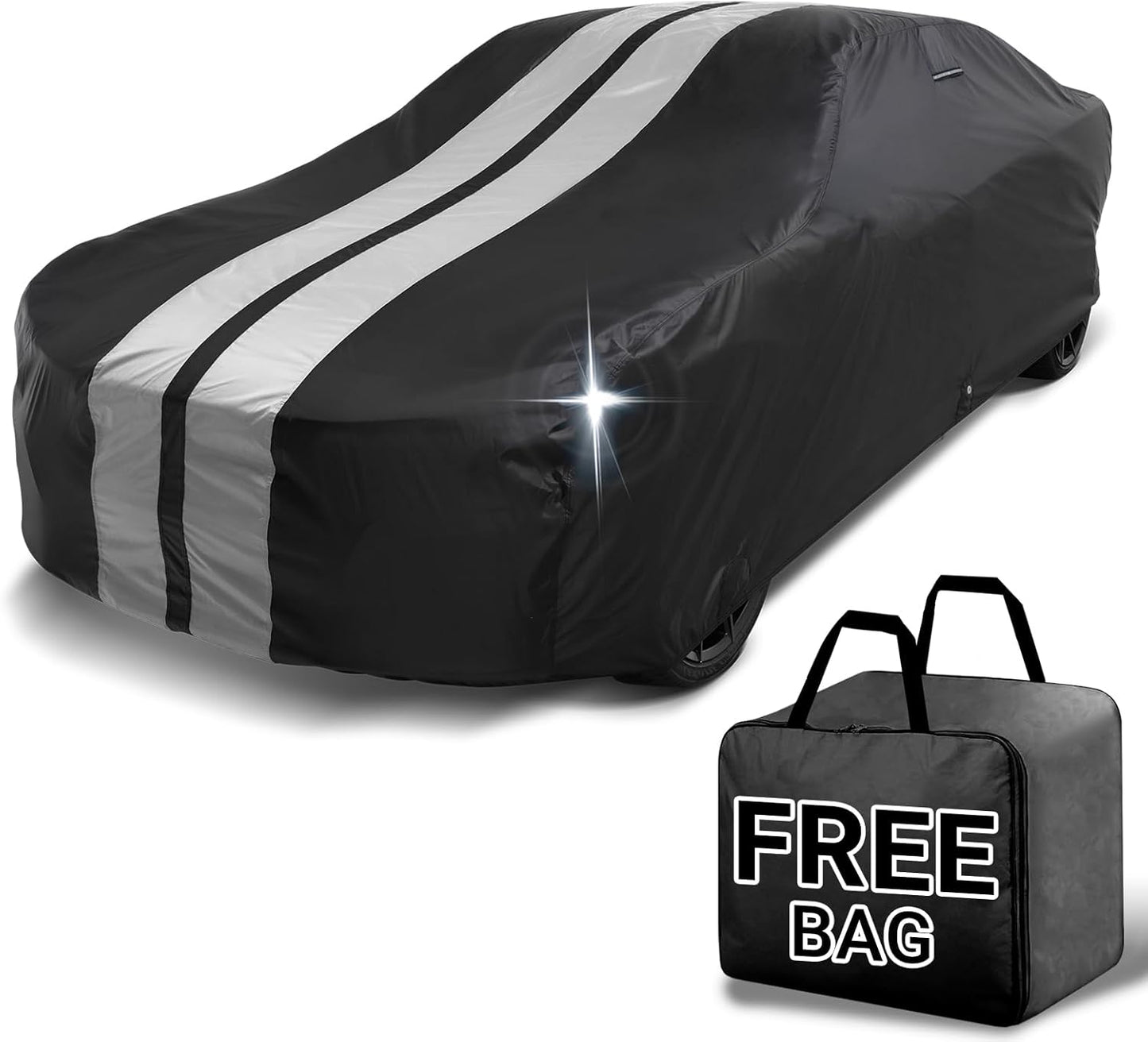 iCarCover Custom Car Cover for Chevy Malibu 4-Door (1973-1977) Waterproof All Weather Rain Snow UV Sun Protector Full Exterior Indoor Outdoor Car Cover (Stripe - Black/Gray)