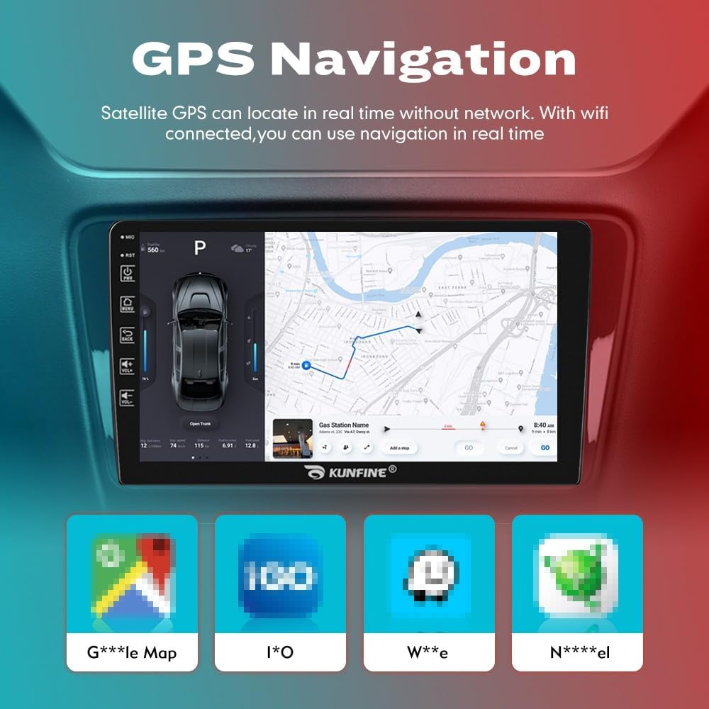 Kunfine Car CarPlay Android Auto Navigation Stereo GPS Radio Reverse Camera Display 9" IPS Touchscreen Headunit Tablet Pad Media Player For Peugeot 301 13-22 if Applicable Quad Core 2G+32G Gloss Black