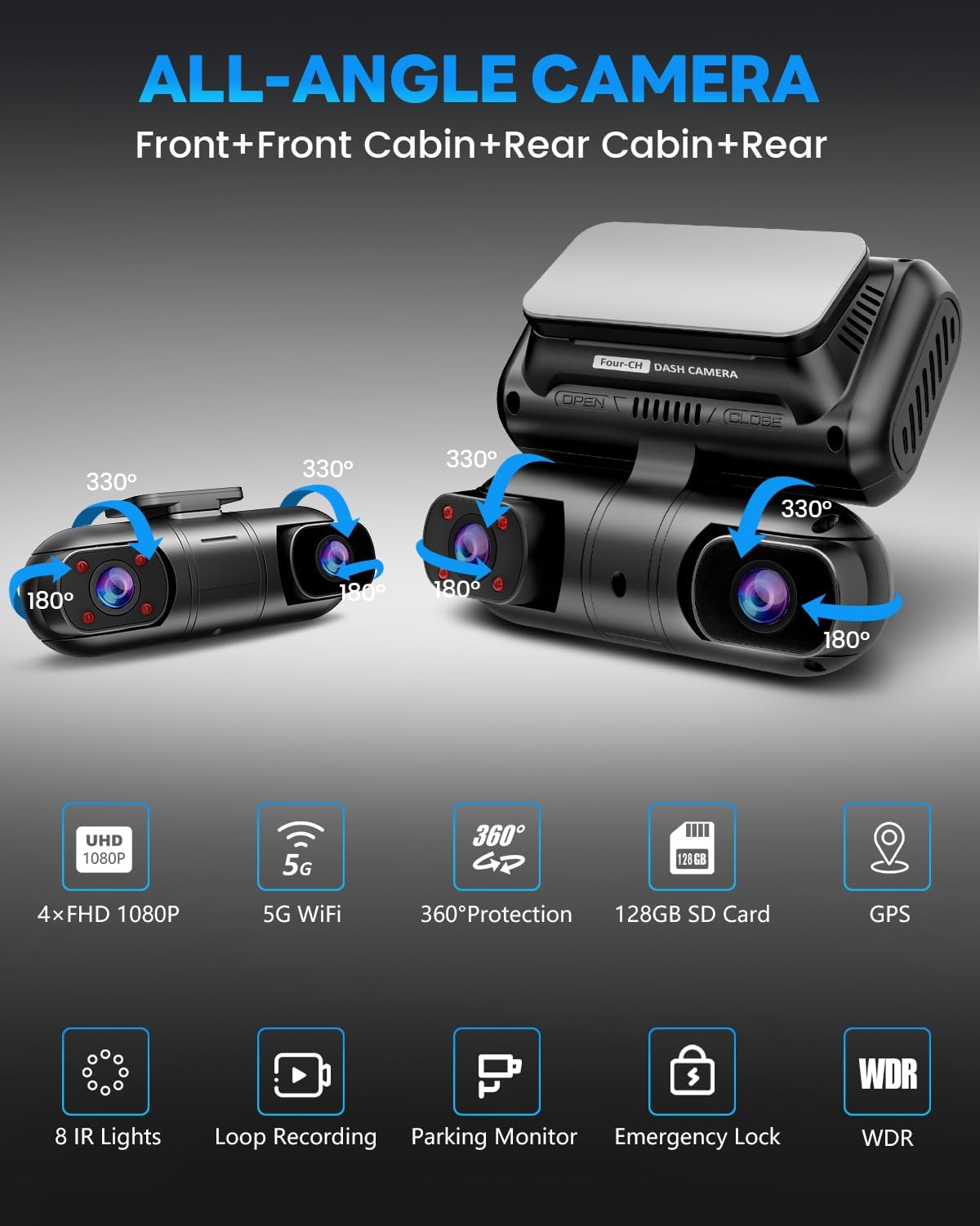 SPRLEAF 4 Channel Dash Cam with Front Cabin Rear Cabin Cameras, 360 Degree View Dash Camera for Cars, Built-in GPS, 5GHz WiFi, IR Night Vision, 24H Parking Monitor, G-Sensor, Free 128GB Card, 1080P*4