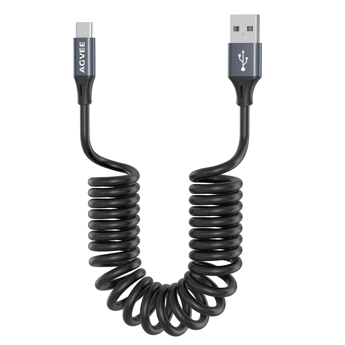 AGVEE 2 Pack 5ft Coiled Short USB to USB-C Charging Cable [USB-IF Certified] 3A Fast Charger Cord in Car for iPhone 16/15 CarPlay, Galaxy S25 S24 S23 S22 S21 S10 S9 S8, Google Pixel, Dark Gray