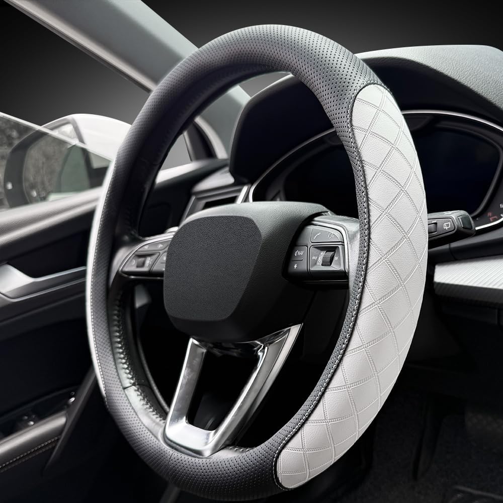 LKWLIKEI Nappa Leather Steering Wheel Cover, Elegant Diamond Checkered Design, Non-Slip wear-Resistant, Enhance Driving Comfort, Suitable for Steering Wheel Diameter 14 1/2‘-15’ Models.Black White