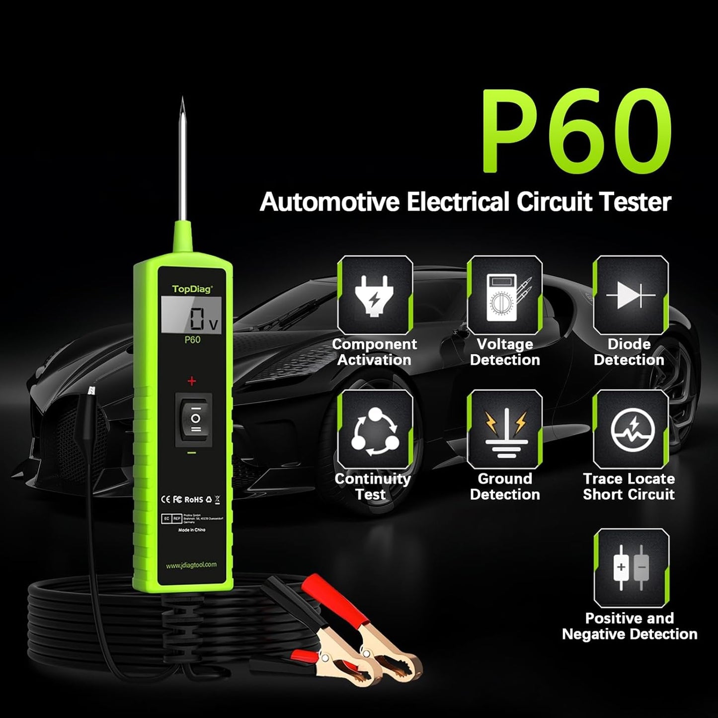 Test Light Automotive Electrical Tool, Topdiag P60 Car Circuit Tester, 12V 24V Power Circuit Probe Kit, 6-30V Vehicle Short Circuit Finder Automobile Voltage Tester, Component Activation Tool