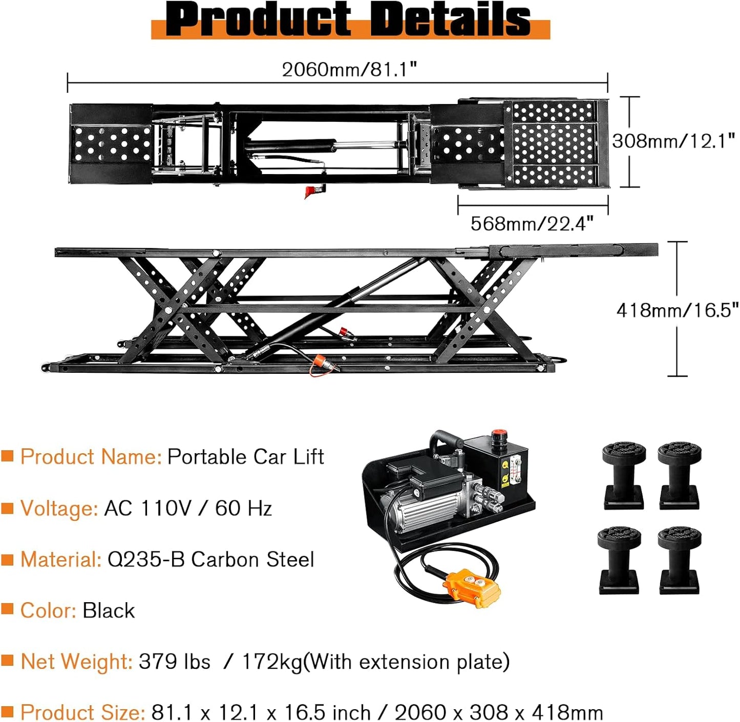 Jocisland Portable Car Lift, Capable of Lifting 5000 LBS Quick Jack with a Maximum Height of 26", Car Lifts for Home Garage and Shop