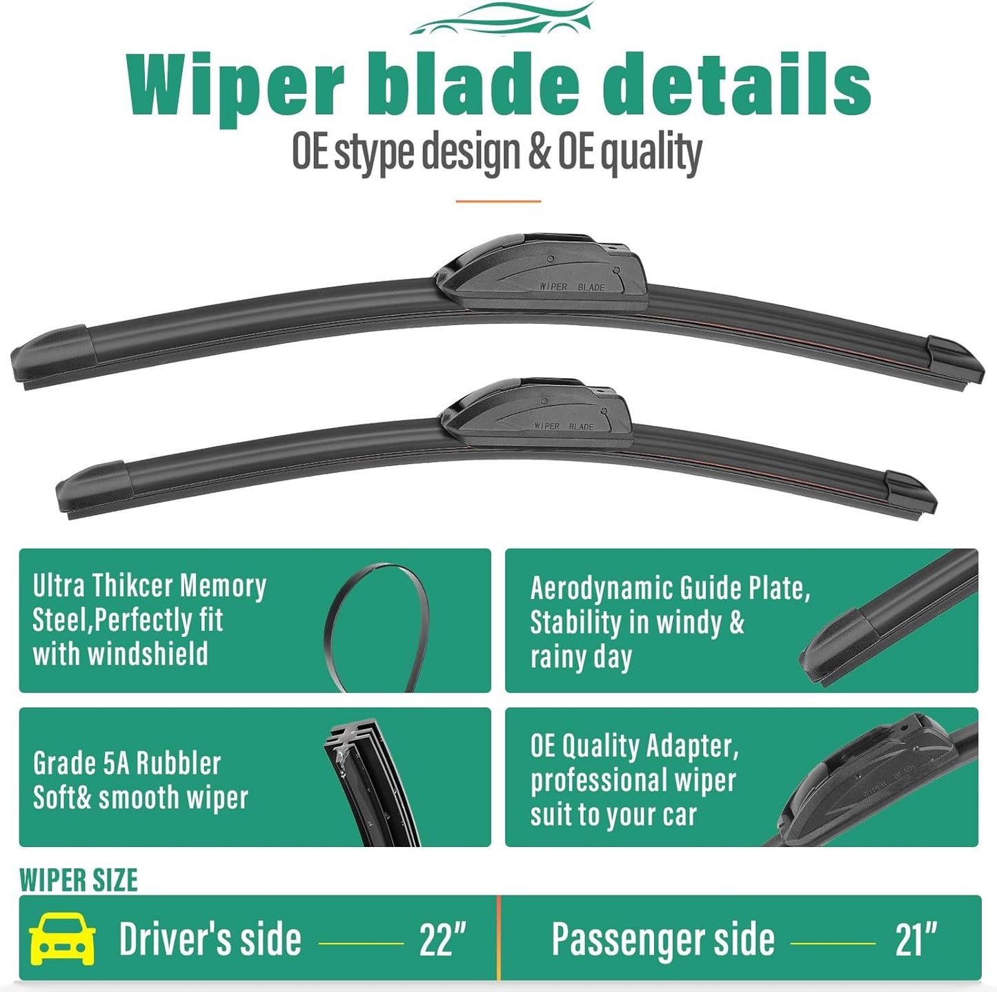 22" 21" 14" Windshield Wiper Blades Replacement for Lexus GX470 2003 2004 2005 2006 2007 2008 2009 GX 470 Premium All Weather Front Rear Wipers Set - OEM Quality (Pack of 3)
