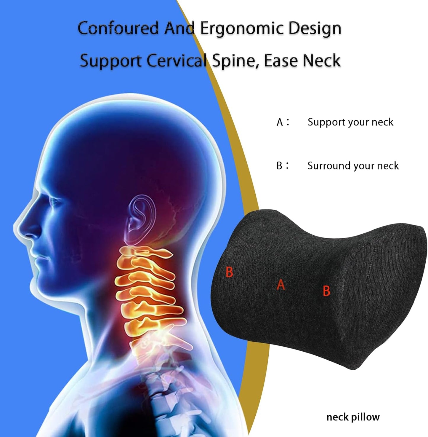 Car Neck Pillow for Driving Gaming Chair Neck Pillow with Adjustable Strap and Removable Cover, Memory Foam Headrest Pillow for Chairs, Ergonomic Design, 2 Pack