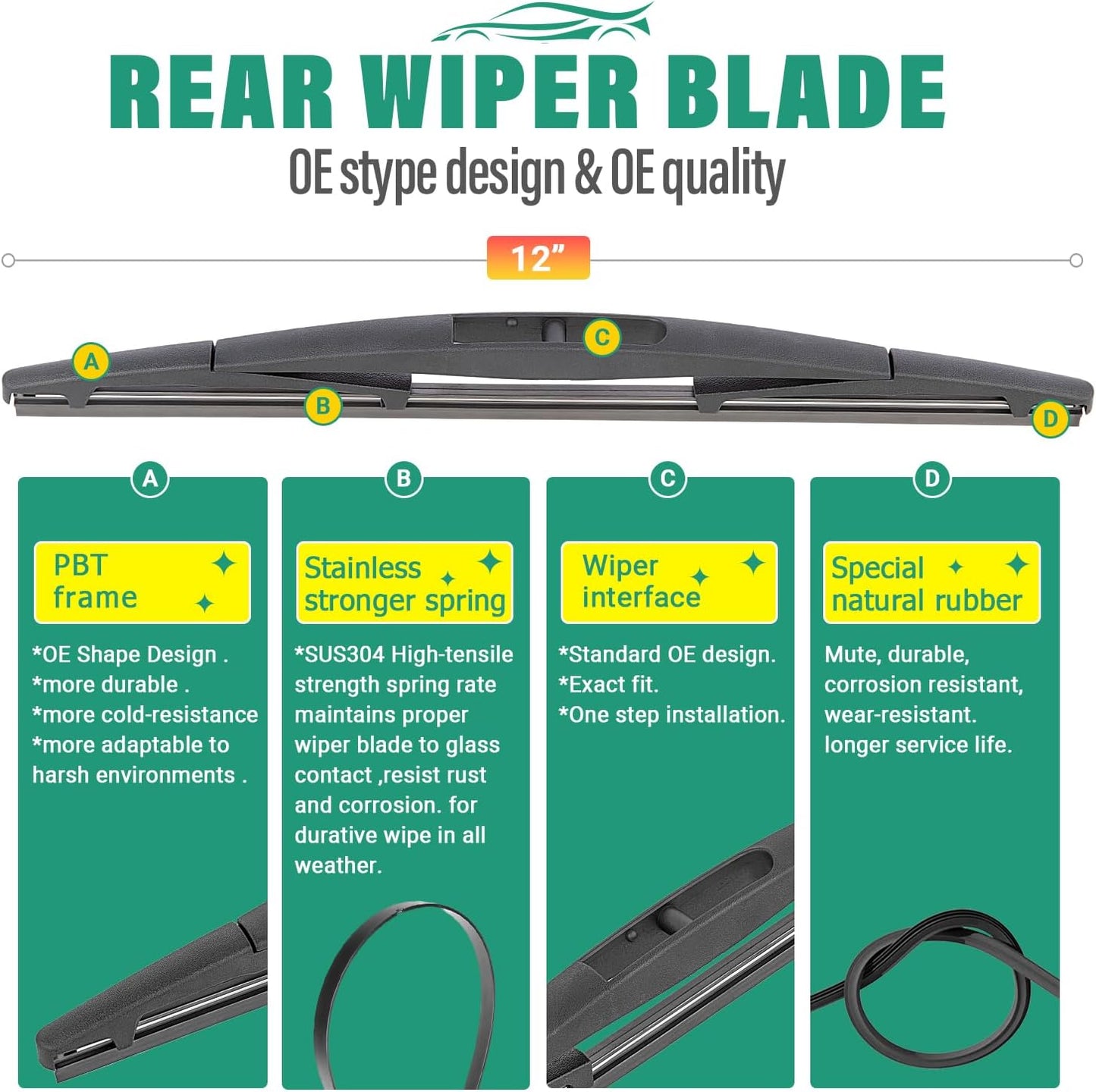 24" 18" 12" Windshield Wiper Blades Replacement for 2014 2015 2016 2017 2018 Mazda 3 Premium All Weather Front Rear Wipers Set - OEM Quality (Pack of 3)