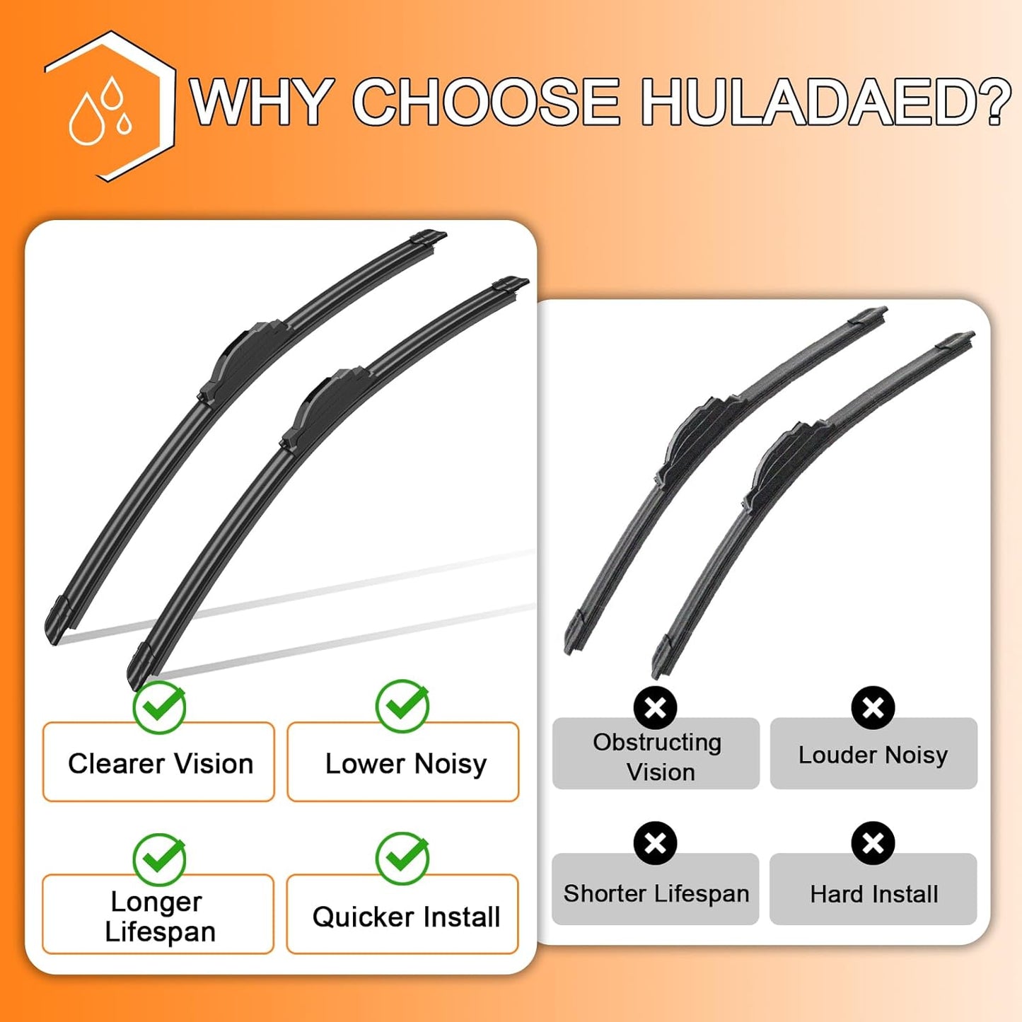 HULADAED® 26'' 16'' 13'' Windshield Wipers Replacement for Honda CRV 2016 2015 2014 2013 2012,Silicone Front Rear Wiper blades for MY Car-All Weather & Quiet(3 PACK)