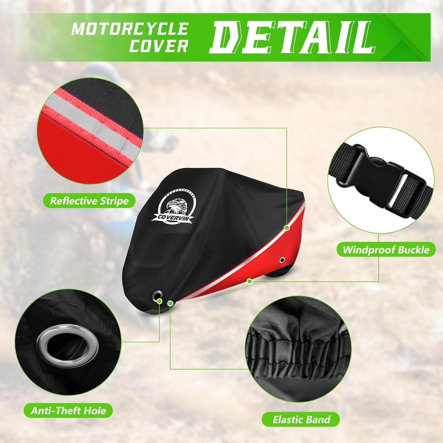 COVERVIN Motorcycle Cover, All Weather Outdoor Waterproof Night Protection with Reflective Strips, Locking Holes and Storage Bag for 96 Inch Suzuki, Kawasaki, Honda, Harley-Davidson(Red XL)