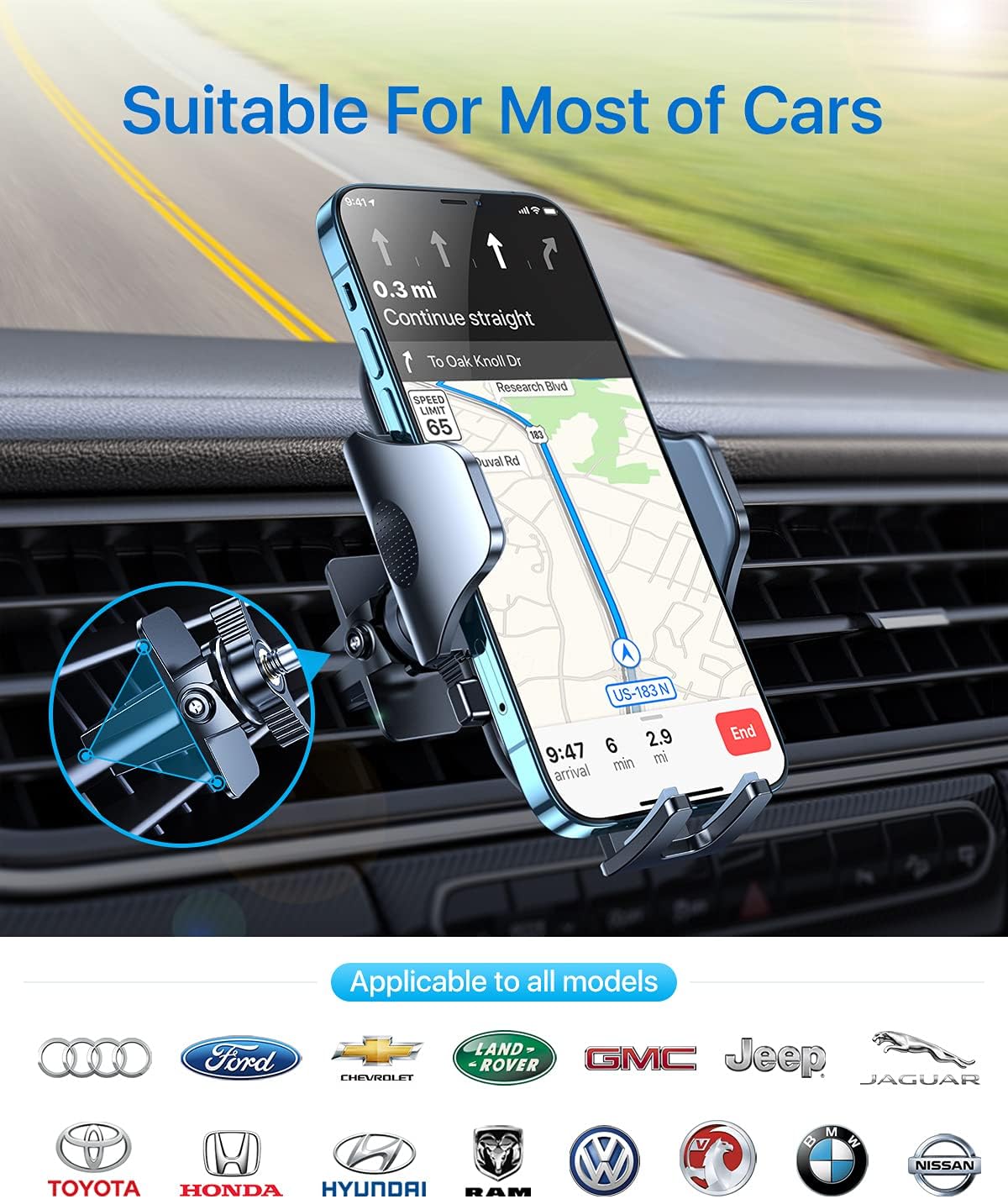 andobil 2025 Upgraded Car Phone Holder Mount for Vent, Military Sturdy Metal Clip Air Vent Phone Holder for Your Car Easy Used Cell Phone Car Mount for iPhone 16 15 14 13 12 Pro Max Samsung S25 S24