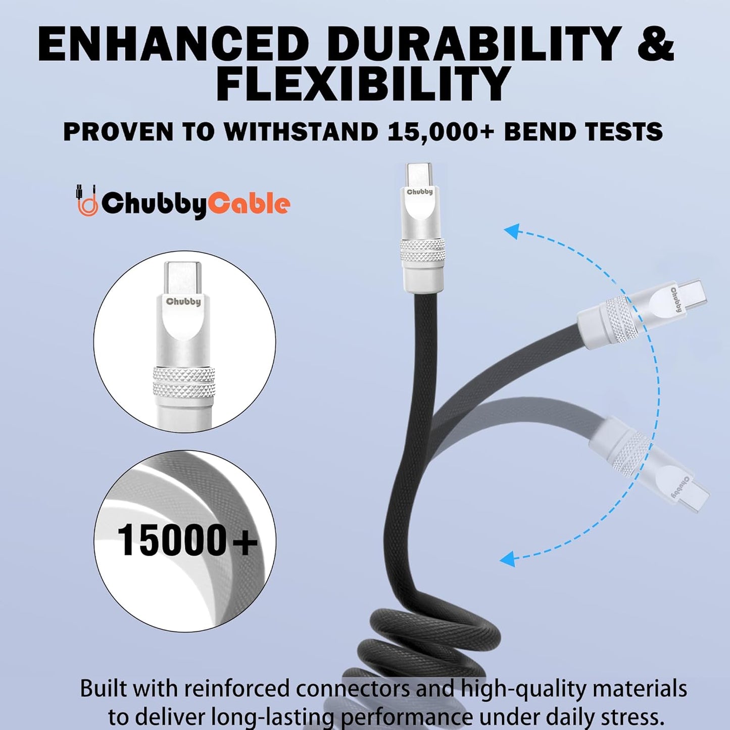 chubbycable Curly Chubby - Retractable Fast Charging Cable 240W Coiled Charger Cord for Car Durable USB-C Cable for Phones, Tablets and More, Dark Blue+Dark Blue, Type-C to Type-C, 1.3FT-2.3FT