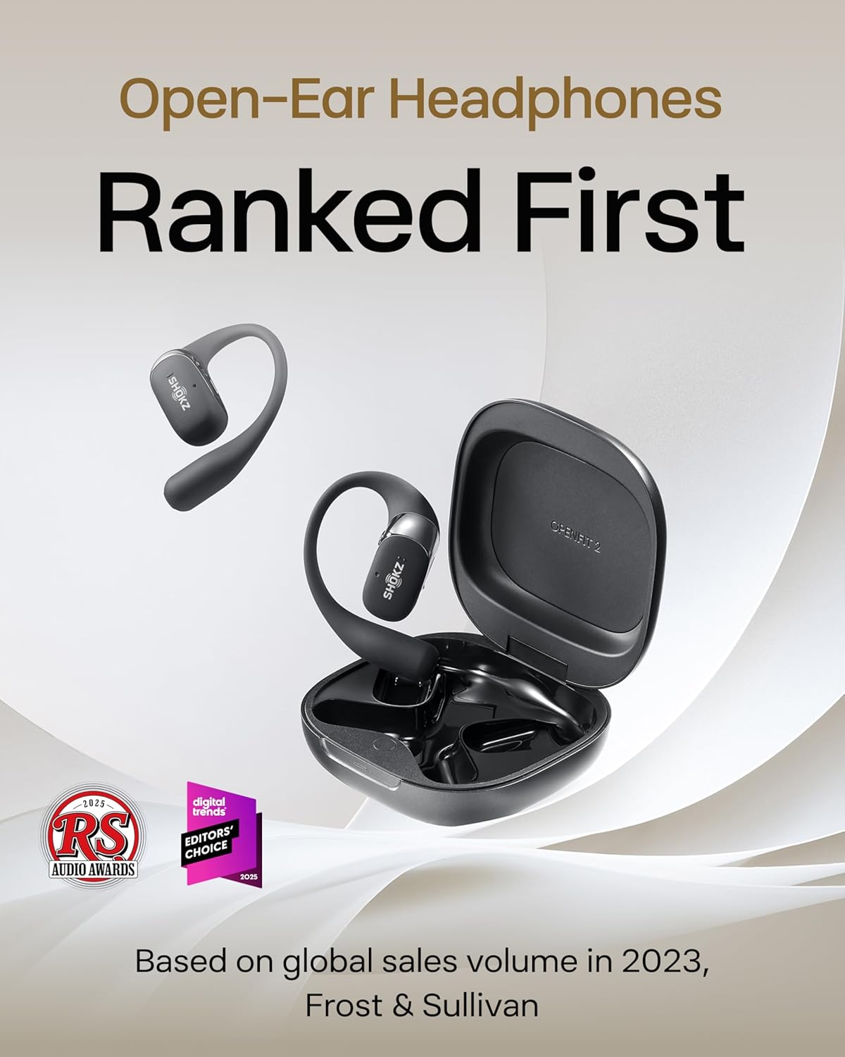 SHOKZ New OpenFit 2 Open-Ear Headphones, True Wireless Bluetooth Earphones with Microphone, Earhook Earbuds with 48 Hours of Playtime, Fast Charging, IP55 Water-Resistant, with Carrying Bag, Black