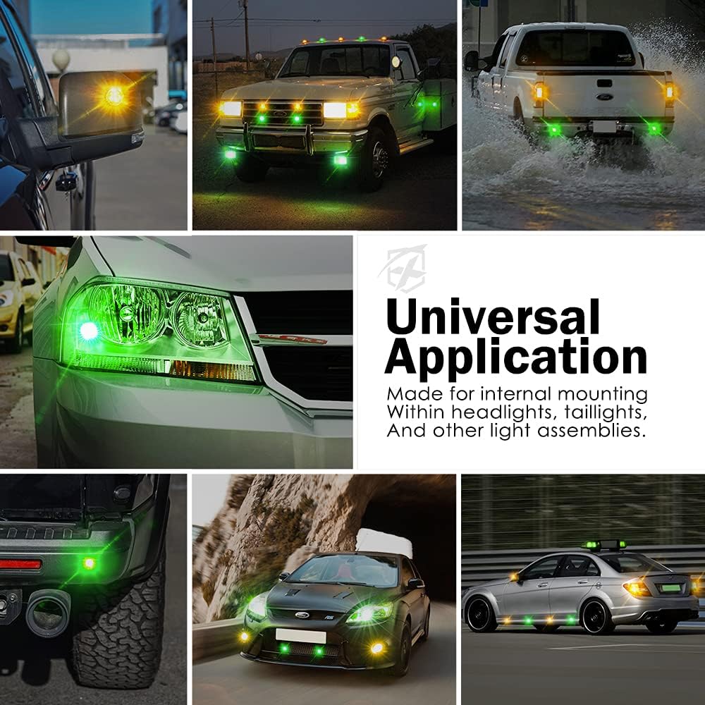 Xprite Amber Green LED Hideaway Strobe Lights Kit 20 Flashing Patterns w/Control Panel Headlights Taillights Fog Marker Light Mounting, for Roadside Emergency Vehicles Trucks SUV Vans 12V Cars 6 PCs