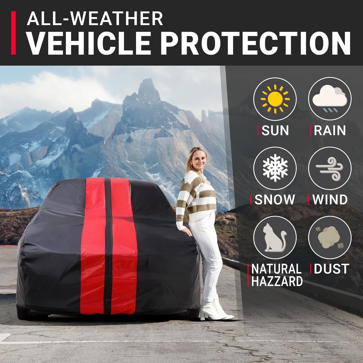 iCarCover Custom Car Cover for Pontiac Bonneville (1971-1976) Waterproof All-Weather Rain Snow UV Sun Protector Full Exterior Indoor Outdoor Car Cover (Stripe - Black/Red)