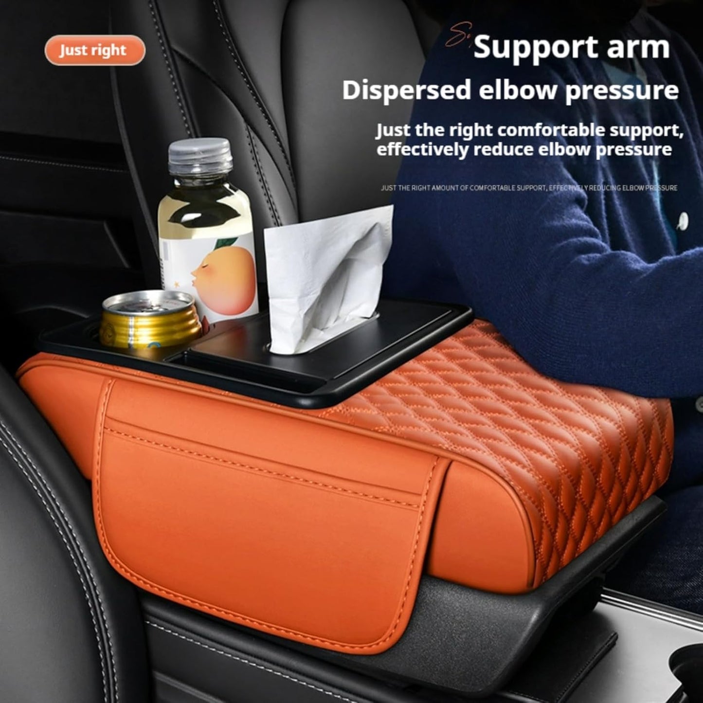 Center Console Cover Organizer, 5-in-1 Arm Rest Cover for Car with Cup Holder & Storage Pocket & Tissue Holder, Armrest Cover Cushion Pad, Water Ripples, Grey