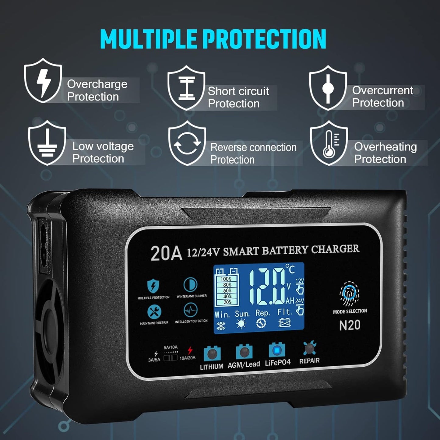 20-Amp Lifepo4 Lithium AGM Gel Smart Battery Charger, 12V/20A 24V/10A Trickle Charger, Maintainer for car Boat Motorcycle, Lawn Mower