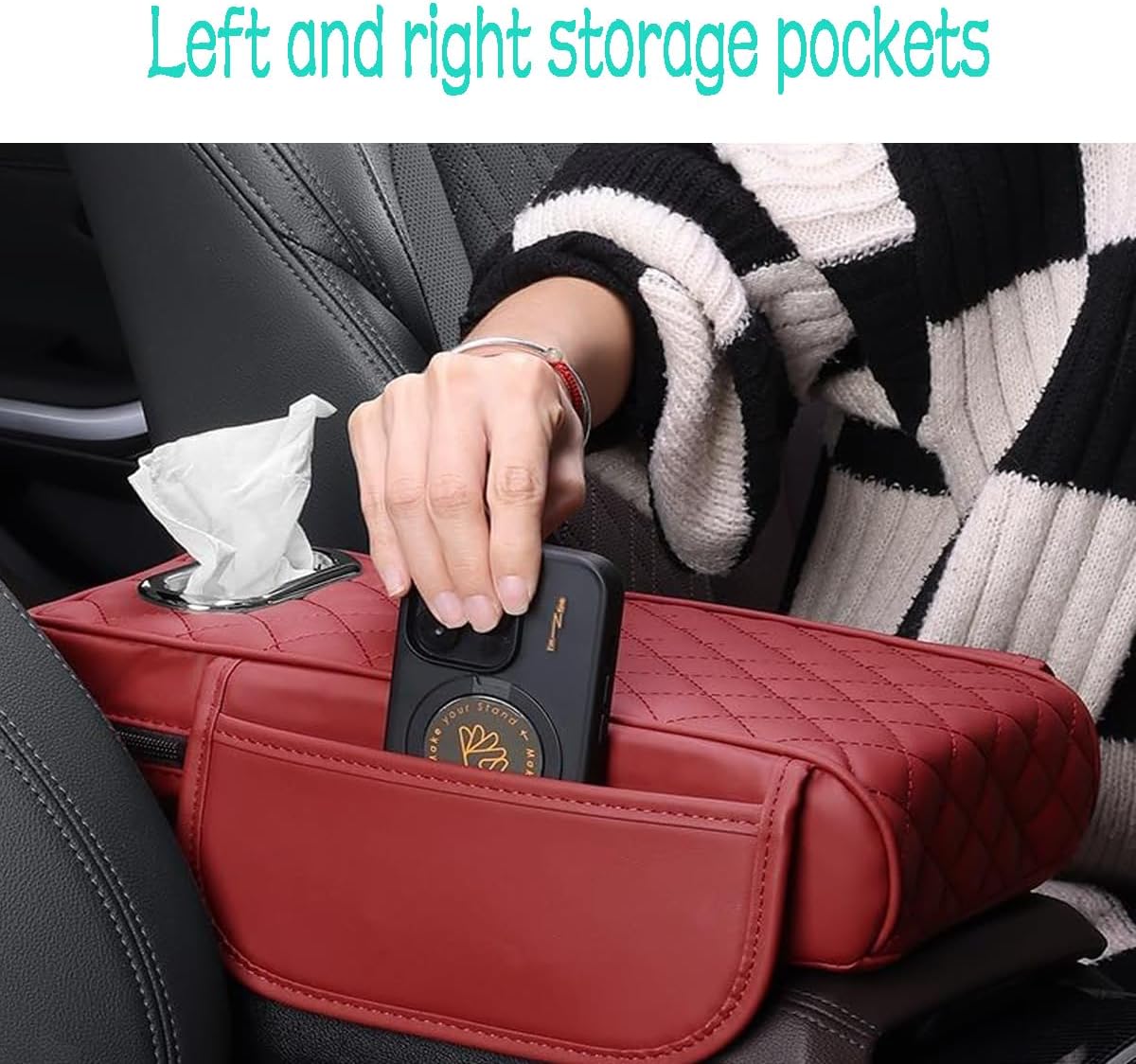 Car Armrest Cover Leather Car Console Covers Box Pad with Pocket and Tissue Box Arm Rest Cover for Car for SUV Truck Sedan Vehicle (Favor-red)