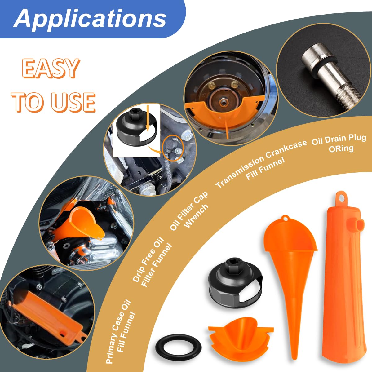 Oil Change Tool Kit for Harley Davidson Accessories,Oil Filter Wrench,Crankcase Fill Tool,Primary Case Funnel,Drip-Free Oil Filter Funnel,10PCS O-Rings
