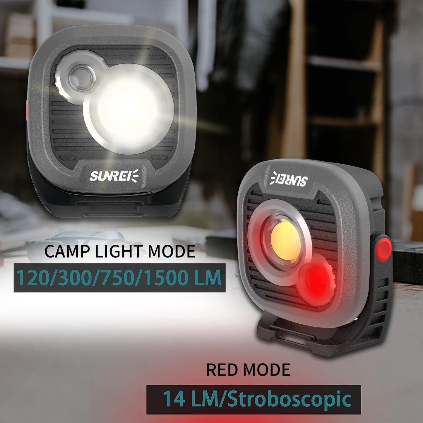 LED Rechargeable Magnetic Work Light SUNREI Mechanic Light Power Bank 180° Rotating, 1500LM, 6 Modes, Magnetic&Hook, 13500mAh Battery, Magnetic Flashlight for Camping, Car Repairing (Gary)