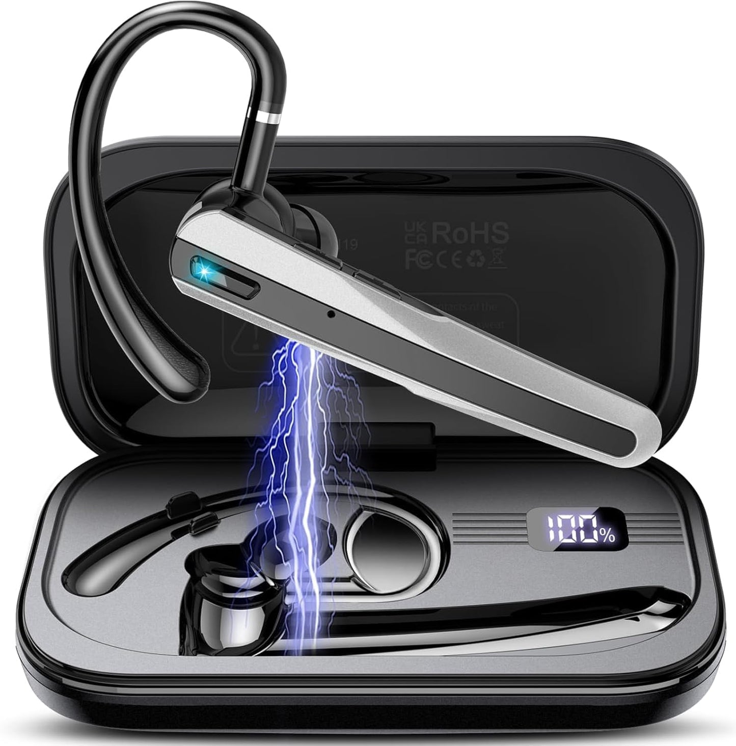 Bluetooth Headset V5.3, Wireless Earpiece with Dual ENC Noise Canceling Mic, 120H Hand-Free Talk Single-Ear Bluetooth Earpiece with LED Display, IP7 Waterproof Headphones for Office/Trucker/Business