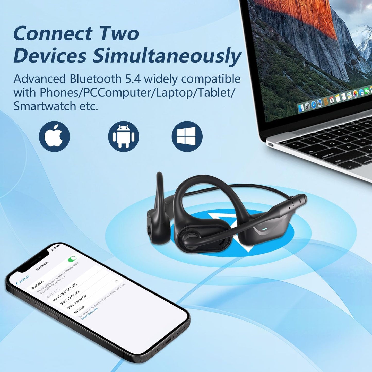 BANIGIPA Bluetooth 5.4 Headset with Microphone, Open Ear Headphones w/Mic, Wireless Earphones Noise Cancelling for HD Calling, Mute Button, Light & Comfortable Headset for Working Office Meeting-15H