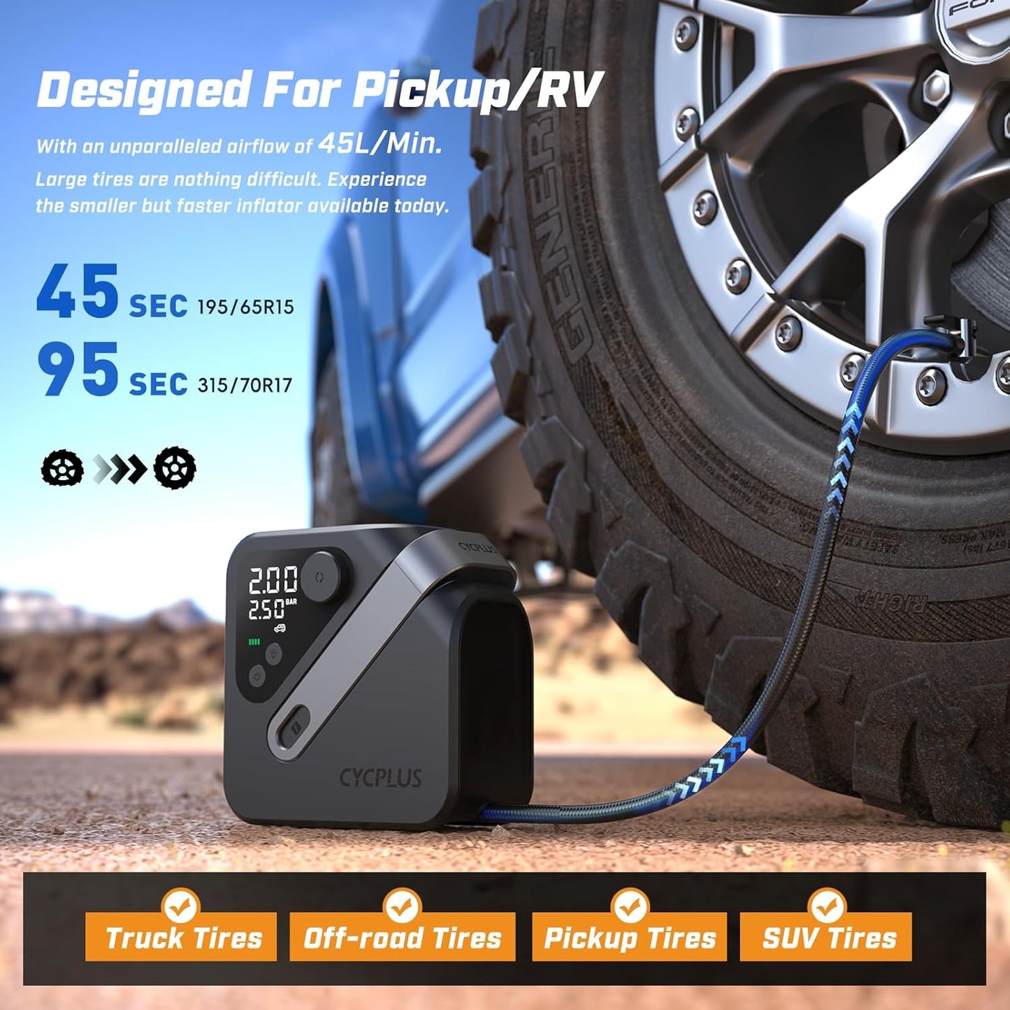 CYCPLUS AL7 Tire Inflator Portable Air Compressor for Trucks & Pickups – 4X Faster High-Powered Tire Inflator, Portable Design for Heavy-duty Vehicle & Inflatables, Dual-Use Type
