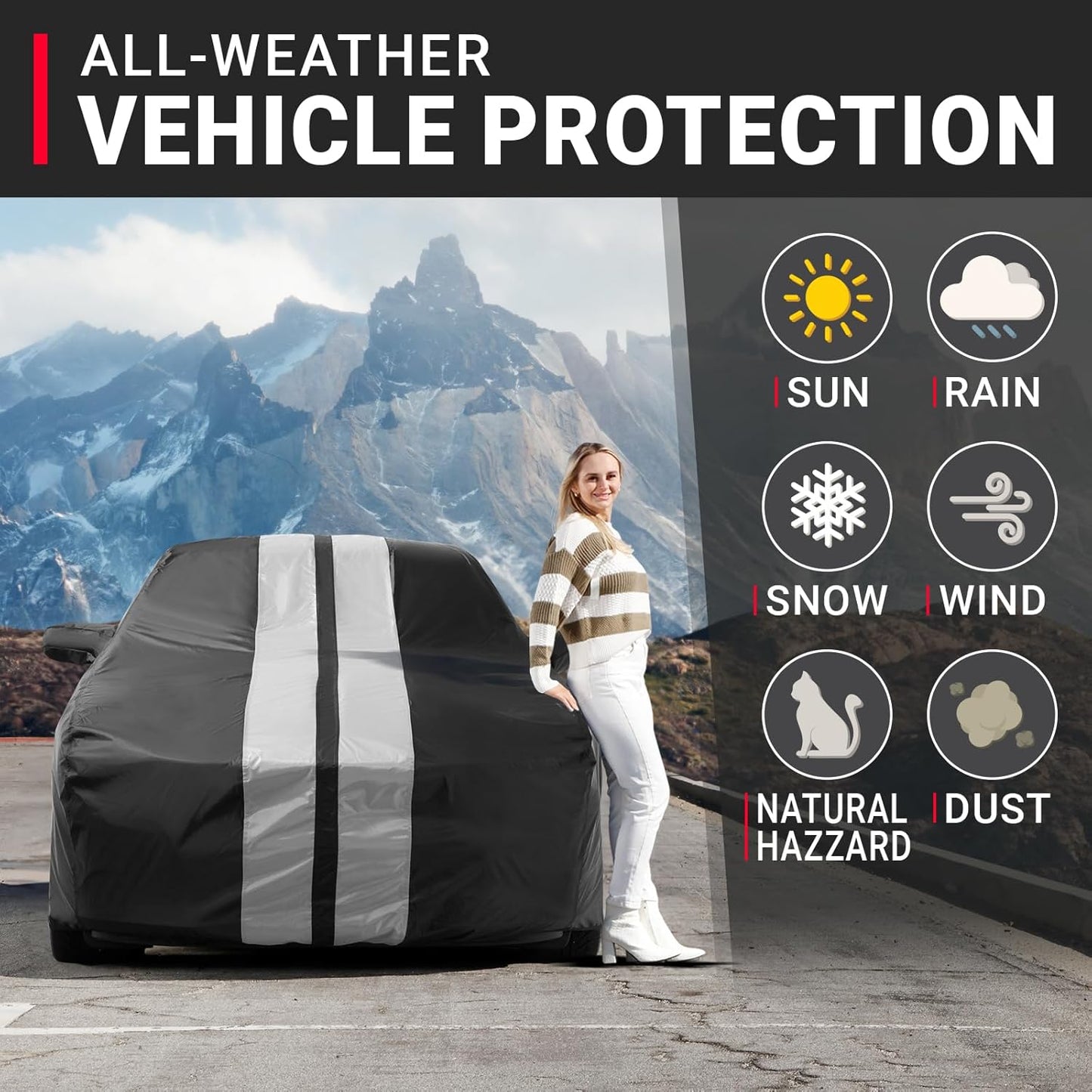iCarCover Custom Car Cover for Buick Cascada (2016-2019) Waterproof All-Weather Rain Snow UV Sun Protector Full Exterior Indoor Outdoor Car Cover (Stripe - Black/Gray)