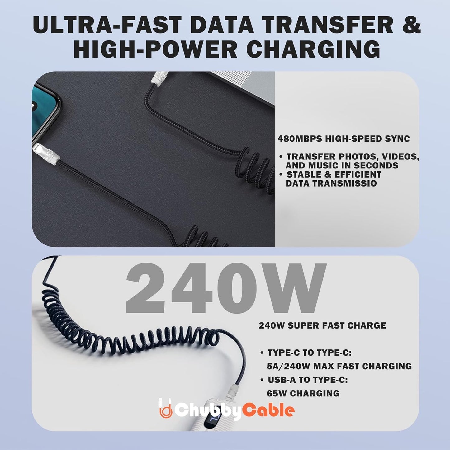 chubbycable Curly Chubby - Retractable Fast Charging Cable 240W Coiled Charger Cord for Car Durable USB-C Cable for Phones, Tablets and More, Dark Blue+Dark Blue, Type-C to Type-C, 1.3FT-2.3FT