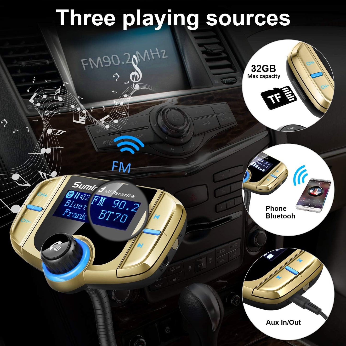 Upgraded Bluetooth FM Transmitter, Wireless Radio Adapter Hands Free Car Kit with 1.7'' Display, QC3.0 and Smart 2.4Amp Dual USB Ports, AUX Input/Output, TF Card Mp3 Player (Normal, Golden)
