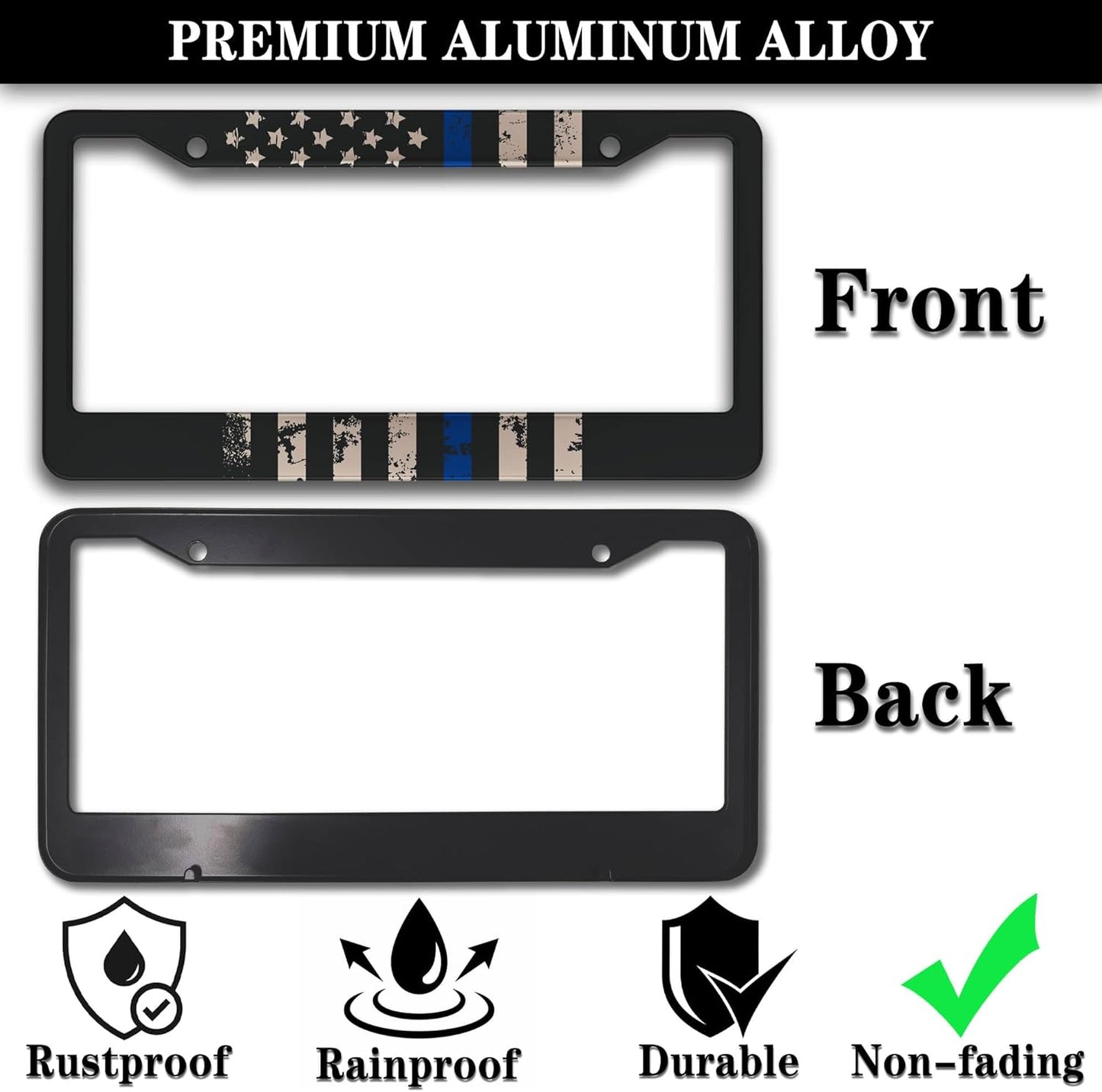 License Plate Frames Black, White, and Blue Car Plate Frames Thin Blue Line USA Flag Universal Aluminum Car Accessory 2 Pack with Screw Covers Set