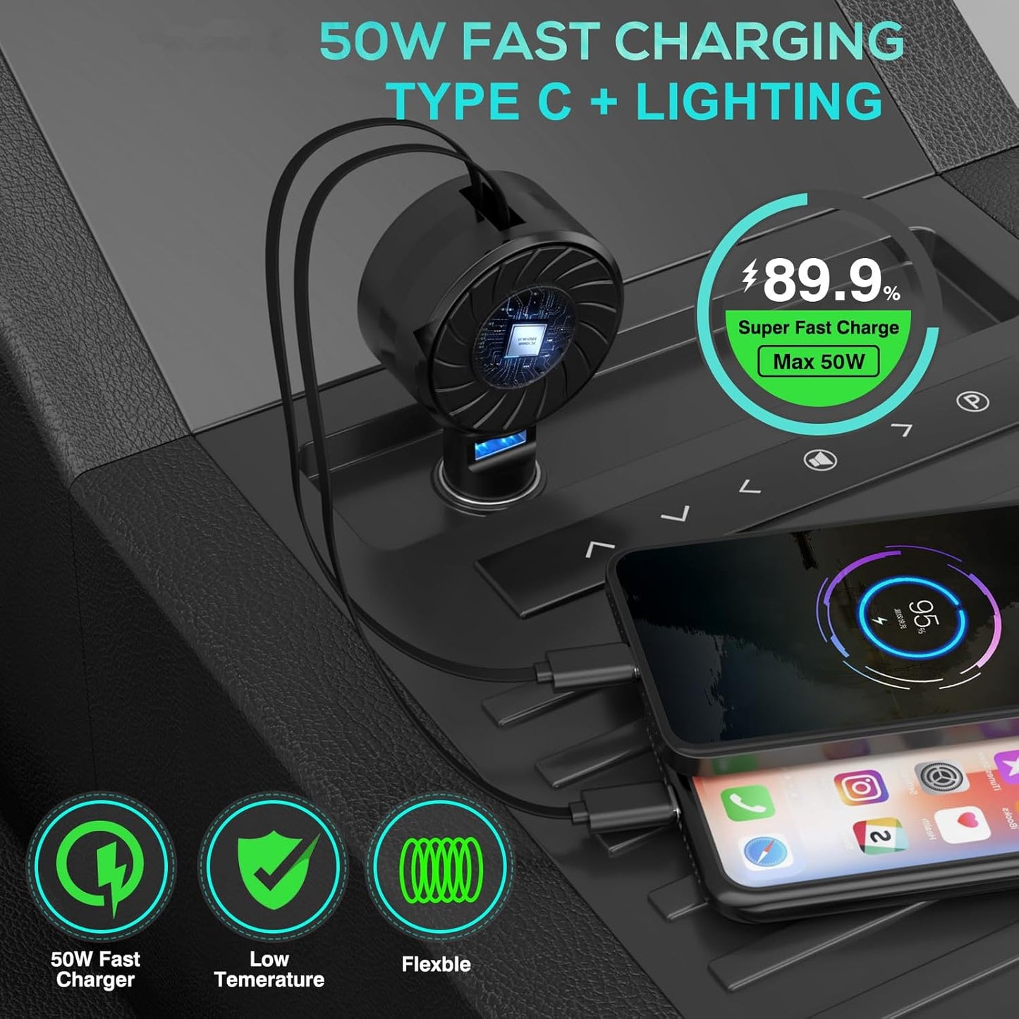Retractable Car Charger (2Pack), 3 in 1 Fast Charging Phone Charge 50W, Mini Car Adapter with 2 Cables+1 Port Cigarette Lighter USB C Charger for Apple iPhone 15 Pro/Samsung/Android/Pixle