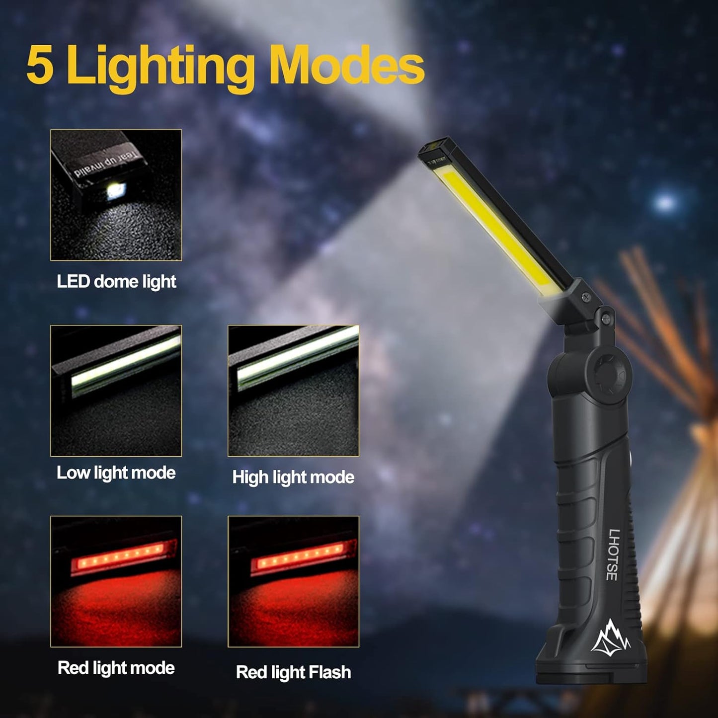 LHOTSE Rechargeable Work Lights, LED Work Light with Magnetic Base and 360° Rotation Stand, 5 Modes COB Bright Flashlights Inspection Light for Car Repair, Home, Garage, Emergency,BBQ,Camping (1pack)